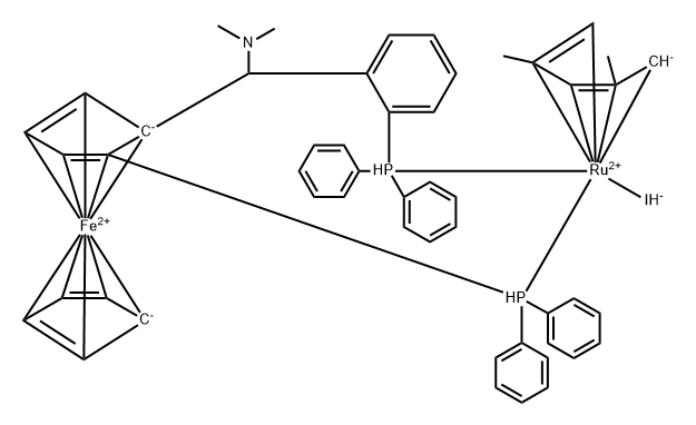((S)-1-DIPHENYLPHOSPHINO-2-[(S)-A-(N,N-DIMETHYLAMINO)-O-DIPHENYLPHOSPHINOPHENYL)METHYL]FERROCENE)- (N5-2,4-DIMETHYLPENTADIENYL)RUTHENIUM(II)IODIDE Struktur