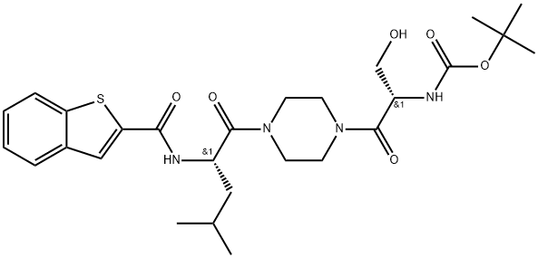tert-butyl N-[(2R)-1-{4-[(2R)-2-[(1-benzothiophen-2-yl)formamido]-4-methylpentanoyl]piperazin-1-yl}-3-hydroxy-1-oxopropan-2-yl]carbamate,942206-91-9,结构式