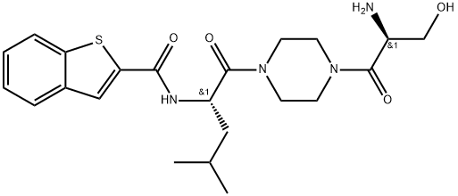 N-[(2R)-1-{4-[(2R)-2-amino-3-hydroxypropanoyl]piperazin-1-yl}-4-methyl-1-oxopentan-2-yl]-1-benzothiophene-2-carboxamide 化学構造式