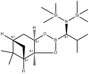 4,6-Methano-1,3,2-benzodioxaborole-2-methanamine, hexahydro-3a,5,5-trimethyl-α-(1-methylethyl)-N,N-bis(trimethylsilyl)-, (αR,3aS,4S,6S,7aR)- Structure