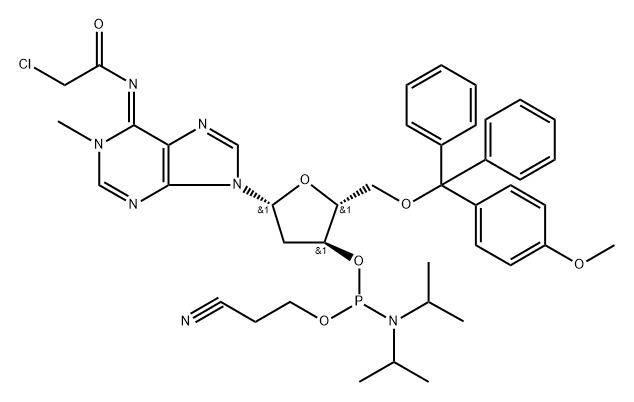 Adenosine, N-(2-chloroacetyl)-2'-deoxy-5'-O-[(4-methoxyphenyl)diphenylmethyl]-1-methyl-, 3'-[2-cyanoethyl N,N-bis(1-methylethyl)phosphoramidite], (6Z)- Struktur