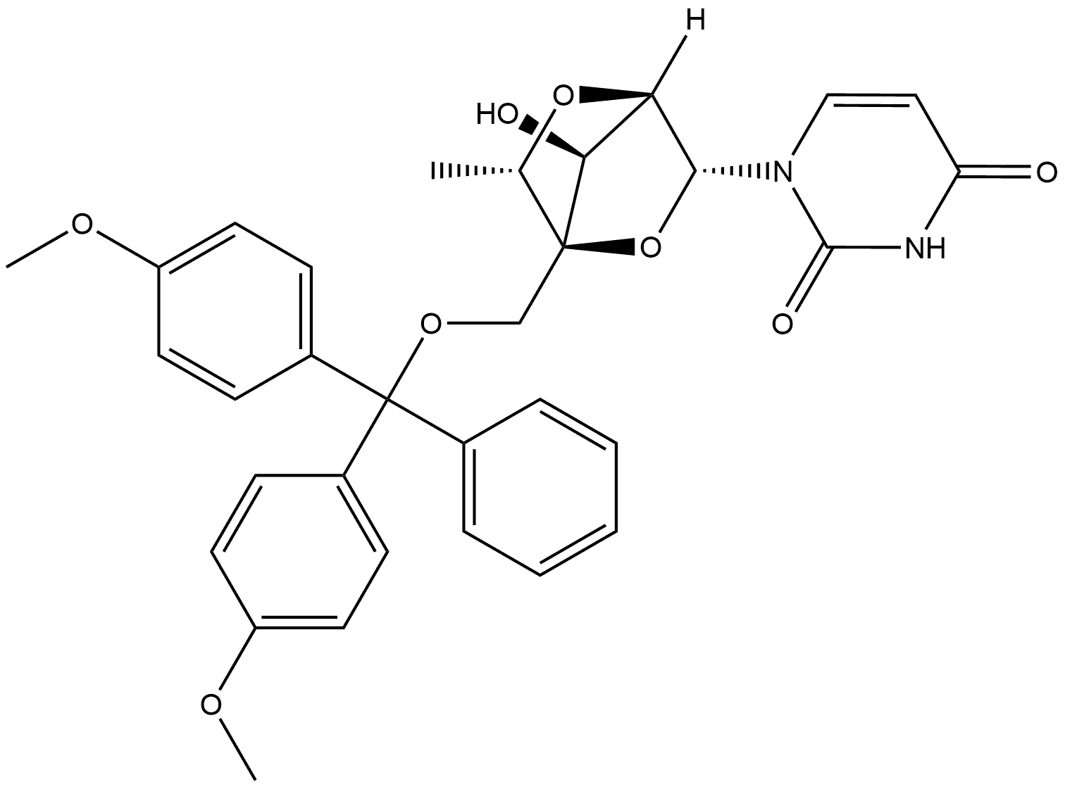 2,4(1H,3H)-Pyrimidinedione, 1-[2,5-anhydro-4-C-[[bis(4-methoxyphenyl)phenylmethoxy]methyl]-6-deoxy-α-L-mannofuranosyl]-,945628-50-2,结构式