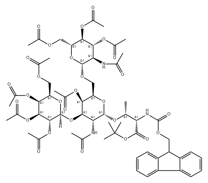 L-Threonine, N-[(9H-fluoren-9-ylmethoxy)carbonyl]-O-[O-2,3,4,6-tetra-O-acetyl-β-D-galactopyranosyl-(1→3)-O-[3,4,6-tri-O-acetyl-2-(acetylamino)-2-deoxy-β-D-glucopyranosyl-(1→6)]-4-O-acetyl-2-(acetylamino)-2-deoxy-α-D-galactopyranosyl]-, 1,1-dimethylethyl ester Structure