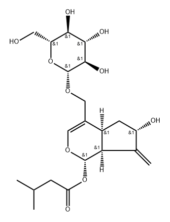 (1S)-4-[[(β-D-Glucopyranosyl)oxy]methyl]-1,4aα,5,6,7,7aα-hexahydro-6α-hydroxy-7-methylenecyclopenta[c]pyran-1α-yl=isovalerate Structure