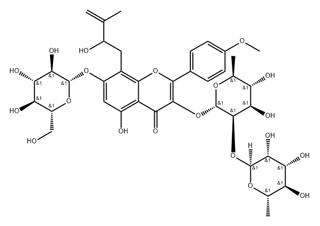 4H-1-Benzopyran-4-one, 3-[[6-deoxy-2-O-(6-deoxy-α-L-mannopyranosyl)-α-L-mannopyranosyl]oxy]-7-(β-D-glucopyranosyloxy)-5-hydroxy-8-(2-hydroxy-3-methyl-3-buten-1-yl)-2-(4-methoxyphenyl)- Structure