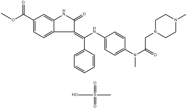 1H-Indole-6-carboxylic acid, 2,3-dihydro-3-[[[4-[methyl[2-(4-methyl-1-piperazinyl)acetyl]amino]phenyl]amino]phenylmethylene]-2-oxo-, methyl ester, (3Z)-, methanesulfonate, hydrate (2:2:1) Structure