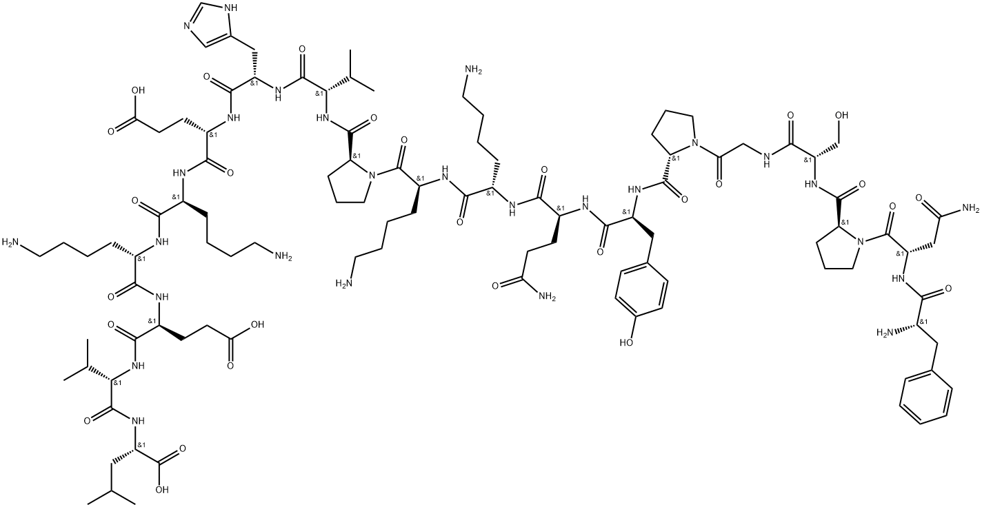 L-Leucine, L-phenylalanyl-L-asparaginyl-L-prolyl-L-serylglycyl-L-prolyl-L-tyrosyl-L-glutaminyl-L-lysyl-L-lysyl-L-prolyl-L-valyl-L-histidyl-L-α-glutamyl-L-lysyl-L-lysyl-L-α-glutamyl-L-valyl- 化学構造式