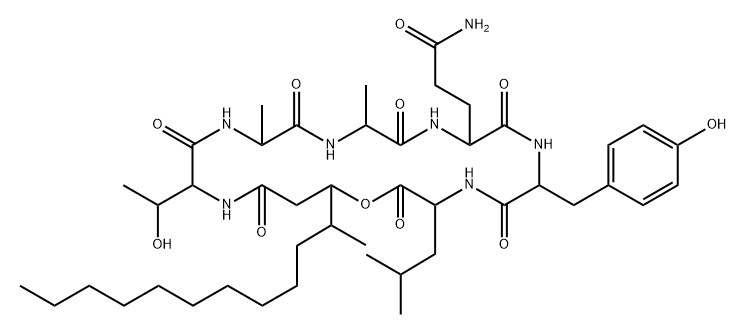 Cyclo[D-aThr-L-Ala-D-Ala-L-Gln-D-Tyr-L-Leu-2-deamino-3-(1-methylundecyl)-Ser*-] 结构式