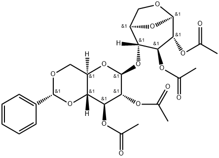 2,2',3,3'-Tetra-O-acetyl-4',6'-O-benzylidene-1,6-anhydro-β-D-cellobiose Struktur