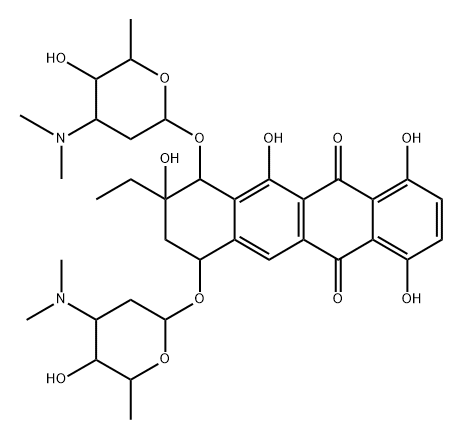 (7R)-8-エチル-7,8,9,10-テトラヒドロ-1,4,6,8α-テトラヒドロキシ-7β,10α-ビス[[3-(ジメチルアミノ)-2,3,6-トリデオキシ-α-L-lyxo-ヘキソピラノシル]オキシ]-5,12-ナフタセンジオン 化学構造式