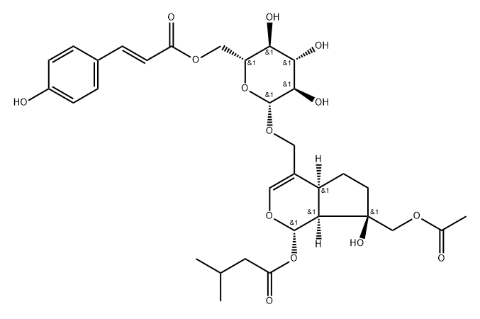 (-)-[(1S)-7α-Acetyloxymethyl-1,4aα,5,6,7,7aα-hexahydro-7β-hydroxy-1α-(3-methyl-1-oxobutoxy)cyclopenta[c]pyran-4-yl]methyl 6-O-[[(E)-2-(4-hydroxyphenyl)ethenyl]carbonyl]-β-D-glucopyranoside 结构式