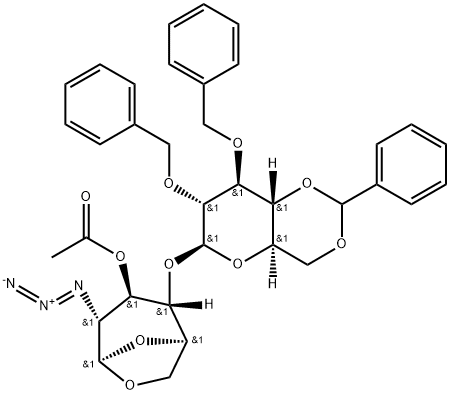 b-D-Glucopyranose, 1,6-anhydro-2-azido-4-O-[2,3-bis-O-(phenylMethyl)-4,6-O-(phenylMethyl ene)-b-D-glucopyranosyl]-2-deoxy-, 3-acetate Structure