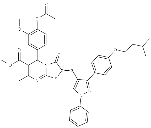 METHYL (2E)-5-[4-(ACETYLOXY)-3-METHOXYPHENYL]-2-({3-[4-(ISOPENTYLOXY)PHENYL]-1-PHENYL-1H-PYRAZOL-4-YL}METHYLENE)-7-METHYL-3-OXO-2,3-DIHYDRO-5H-[1,3]THIAZOLO[3,2-A]PYRIMIDINE-6-CARBOXYLATE Structure