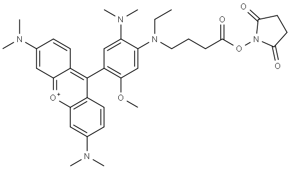 Xanthylium, 3,6-bis(dimethylamino)-9-[5-(dimethylamino)-4-[[4-[(2,5-dioxo-1-pyrrolidinyl)oxy]-4-oxobutyl]ethylamino]-2-methoxyphenyl]- Struktur