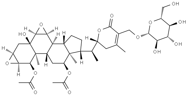 Ergost-24-en-26-oic acid, 1,12-bis(acetyloxy)-2,3:6,7-diepoxy-27-(β-D-glucopyranosyloxy)-5,22-dihydroxy-, δ-lactone, (1α,2α,3α,5α,6α,7α,12α,22R)- Structure