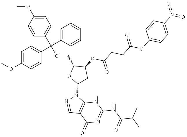 N2-iso-Butyroyl-2'-deoxy-5'-O-(4,4'-dimethoxytrityl)-guanosine-3'-(4-nitrophenoxyl)butanedioate 结构式