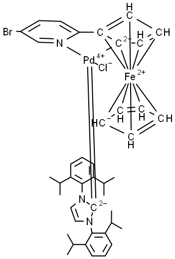 Palladium,[1,3-bis[2,6-bis(1-methylethyl)phenyl]-1,3-dihydro-2H-imidazol-2-ylidene][2-(5-bromo-2-pyridinyl-κN)ferrocenyl-κC]chloro-, (SP-4-4)- (ACI) Structure