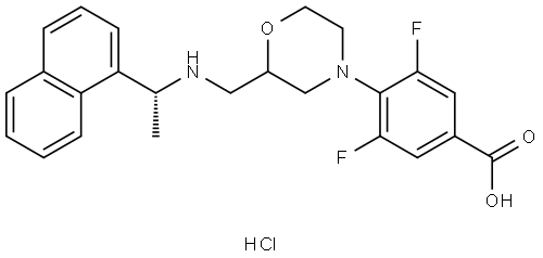 3,5-difluoro-4-(2-((((R)-1-(naphthalen-1-yl)ethyl)amino)methyl)morpholino)benzoic acid hydrochloride Structure