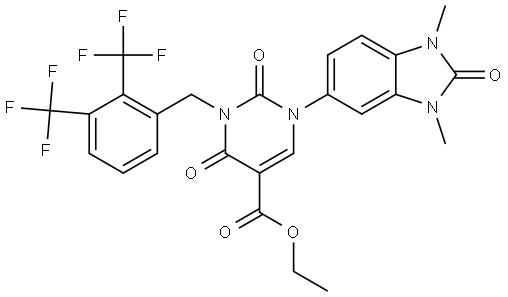 ethyl 3-(2,3-bis(trifluoromethyl)benzyl)-1-(1,3-dimethyl-2-oxo-2,3-dihydro-1H-benzo[d]imidazol-5-yl)-2,4-dioxo-1,2,3,4-tetrahydropyrimidine-5-carboxylate,1488352-24-4,结构式