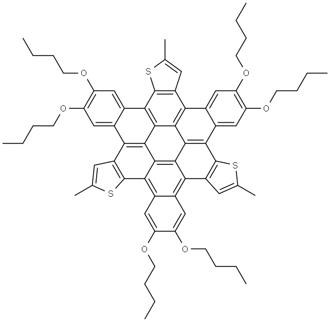 5,6,12,13,19,20-hexabutoxy-2,9,16-trimethyltribenzo[3,4:7,8:11,12]coroneno[1,2-b:5,6-b':9,10-b'']trithiophene,1569689-91-3,结构式