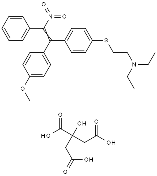 N,N-diethyl-2-({4-[(E)-1-(4-methoxyphenyl)-2-nitro-2-phenylethenyl]phenyl}sulfanyl)ethanamine 2-hydroxy-1,2,3-propanetricarboxylate Structure