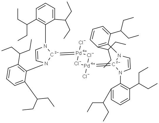 Palladium,bis[1,3-bis[2,6-bis(1-ethylpropyl)phenyl]-1,3-dihydro-2H-imidazol-2-ylidene]di-μ-chlorodichlorodi- (ACI) Structure