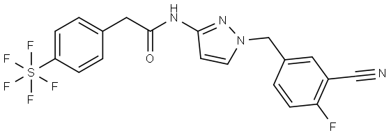 Sulfur, [4-[2-[[1-[(3-cyano-4-fluorophenyl)methyl]-1H-pyrazol-3-yl]amino]-2-oxoethyl]phenyl]pentafluoro-, (OC-6-21)- 结构式