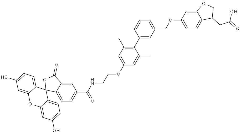 (S)-5-((2-((3'-(((3-(carboxymethyl)-2,3-dihydrobenzofuran-6-yl)oxy)methyl)-2,6-dimethyl-[1,1'-biphenyl]-4-yl)oxy)ethyl)carbamoyl)-2-(6-hydroxy-3-oxo-3H-xanthen-9-yl)benzoic acid 化学構造式