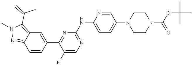 tert-butyl 4-(6-((5-fluoro-4-(2-methyl-3-(prop-1-en-2-yl)-2H-indazol-5-yl)pyrimidin-2-yl)amino)pyridin-3-yl)piperazine-1-carboxylate Struktur