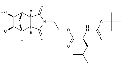 (S)-2-((3aR,4R,5S,6R,7S,7aS)-5,6-dihydroxy-1,3-dioxohexahydro-1H-4,7-epoxyisoindol-2(3H)-yl)ethyl 2-((tert-butoxycarbonyl)amino)-4-methylpentanoate Struktur