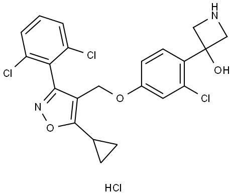 3-(2-chloro-4-((5-cyclopropyl-3-(2,6-dichlorophenyl)isoxazol-4-yl)methoxy)phenyl)azetidin-3-ol hydrochloride 化学構造式