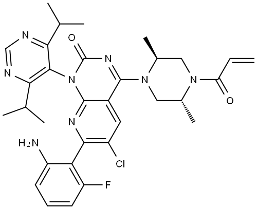 4-((2S,5R)-4-acryloyl-2,5-dimethylpiperazin-1-yl)-7-(2-amino-6-fluorophenyl)-6-chloro-1-(4,6-diisopropylpyrimidin-5-yl)pyrido[2,3-d]pyrimidin-2(1H)-one Structure