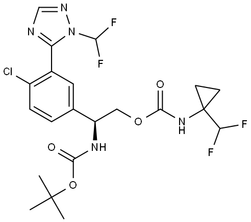 tert-butyl (S)-(1-(4-chloro-3-(1-(difluoromethyl)-1H-1,2,4-triazol-5-yl)phenyl)-2-(((1-(difluoromethyl)cyclopropyl)carbamoyl)oxy)ethyl)carbamate Struktur