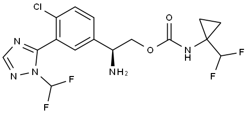 (S)-2-amino-2-(4-chloro-3-(1-(difluoromethyl)-1H-1,2,4-triazol-5-yl)phenyl)ethyl (1-(difluoromethyl)cyclopropyl)carbamate 结构式