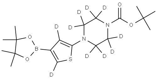 tert-butyl 4-(4-(4,4,5,5-tetramethyl-1,3,2-dioxaborolan-2-yl)thiophen-2-yl-3,5-d2)piperazine-1-carboxylate-2,2,3,3,5,5,6,6-d8 Structure