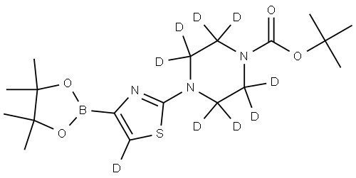 tert-butyl 4-(4-(4,4,5,5-tetramethyl-1,3,2-dioxaborolan-2-yl)thiazol-2-yl-5-d)piperazine-1-carboxylate-2,2,3,3,5,5,6,6-d8 Structure