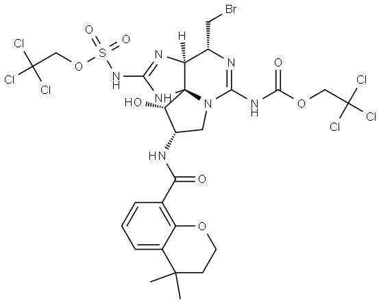 2,2,2-trichloroethyl ((3aS,4R,9S,10S,10aS)-4-(bromomethyl)-9-(4,4-dimethylchromane-8-carboxamido)-10-hydroxy-6-(((2,2,2-trichloroethoxy)carbonyl)imino)hexahydro-1H,8H-pyrrolo[1,2-c]purin-2(3H)-ylidene)sulfamate 结构式