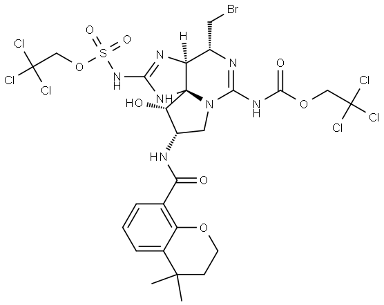 2,2,2-trichloroethyl ((3aS,4R,9S,10S,10aS)-4-(bromomethyl)-9-(4,4-dimethylchromane-8-carboxamido)-10-hydroxy-6-(((2,2,2-trichloroethoxy)carbonyl)imino)hexahydro-1H,8H-pyrrolo[1,2-c]purin-2(3H)-ylidene)sulfamate Structure