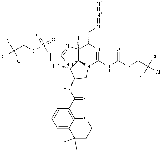 2,2,2-trichloroethyl ((3aS,4S,9S,10S,10aS)-4-(azidomethyl)-9-(4,4-dimethylchromane-8-carboxamido)-10-hydroxy-6-(((2,2,2-trichloroethoxy)carbonyl)imino)hexahydro-1H,8H-pyrrolo[1,2-c]purin-2(3H)-ylidene)sulfamate,2415077-78-8,结构式