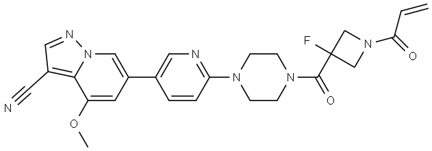 6-(6-(4-(1-acryloyl-3-fluoroazetidine-3-carbonyl)piperazin-1-yl)pyridin-3-yl)-4-methoxypyrazolo[1,5-a]pyridine-3-carbonitrile Structure