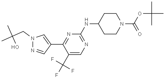 tert-butyl 4-((4-(1-(2-hydroxy-2-methylpropyl)-1H-pyrazol-4-yl)-5-(trifluoromethyl)pyrimidin-2-yl)amino)piperidine-1-carboxylate 化学構造式