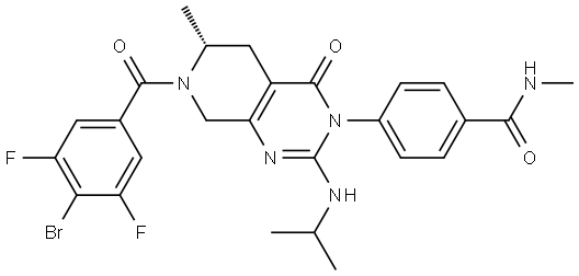 (R)-4-(7-(4-bromo-3,5-difluorobenzoyl)-2-(isopropylamino)-6-methyl-4-oxo-5,6,7,8-tetrahydropyrido[3,4-d]pyrimidin-3(4H)-yl)-N-methylbenzamide 化学構造式