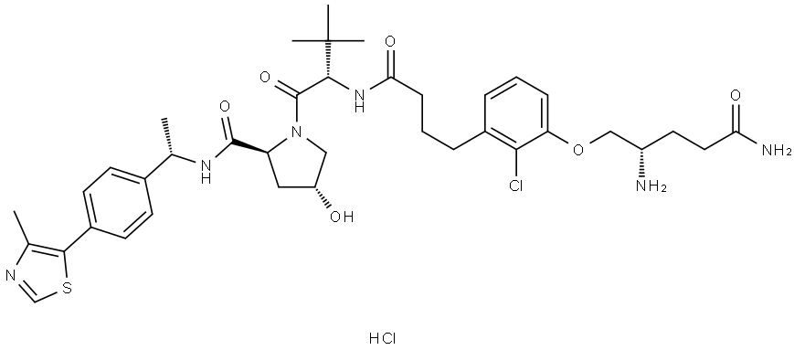 (2S,4R)-1-((S)-2-(4-(2-chloro-3-(((S)-2,5-diamino-5-oxopentyl)oxy)phenyl)butanamido)-3,3-dimethylbutanoyl)-4-hydroxy-N-((S)-1-(4-(4-methylthiazol-5-yl)phenyl)ethyl)pyrrolidine-2-carboxamide hydrochloride 结构式