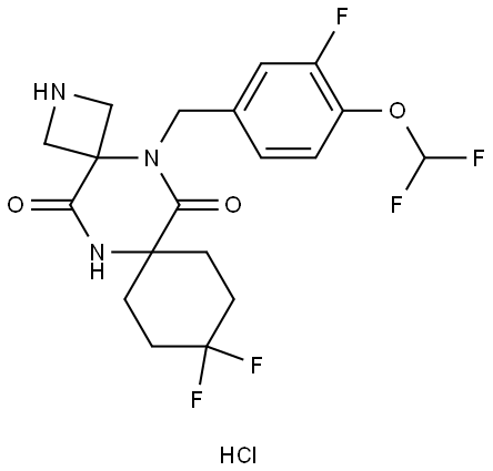 5-(4-(difluoromethoxy)-3-fluorobenzyl)-10,10-difluoro-2,5,13-triazadispiro[3.2.57.24]tetradecane-6,14-dione hydrochloride Struktur
