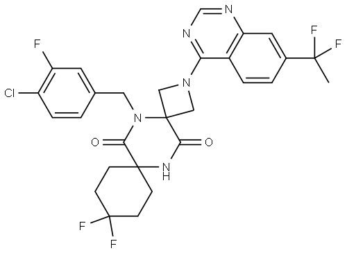 5-(4-chloro-3-fluorobenzyl)-2-(7-(1,1-difluoroethyl)quinazolin-4-yl)-10,10-difluoro-2,5,13-triazadispiro[3.2.57.24]tetradecane-6,14-dione Structure