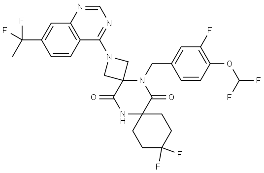 2-(7-(1,1-difluoroethyl)quinazolin-4-yl)-5-(4-(difluoromethoxy)-3-fluorobenzyl)-10,10-difluoro-2,5,13-triazadispiro[3.2.57.24]tetradecane-6,14-dione Structure