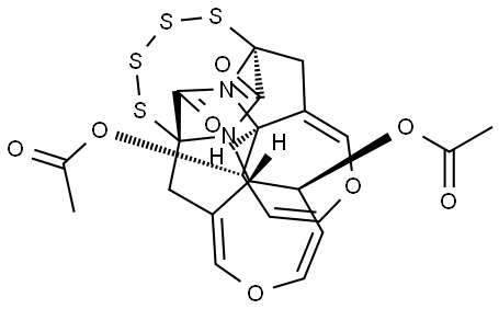 8H,16H-7a,15a-Epitetrathio-7H,15H-bisoxepino[3',4':4,5]pyrrolo[1,2-a:1',2'-d]pyrazine-7,15-dione, 5,13-bis(acetyloxy)-5,5a,13,13a-tetrahydro-, [5S-(5α,5aα,7aβ,13α,13aα,15aβ)]- (9CI) 化学構造式