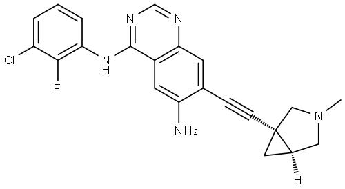 N4-(3-chloro-2-fluorophenyl)-7-(((1R,5S)-3-methyl-3-azabicyclo[3.1.0]hexan-1-yl)ethynyl)quinazoline-4,6-diamine,2607832-34-6,结构式