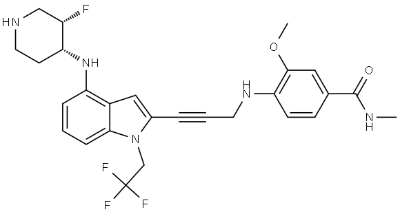4-((3-(4-(((3S,4R)-3-fluoropiperidin-4-yl)amino)-1-(2,2,2-trifluoroethyl)-1H-indol-2-yl)prop-2-yn-1-yl)amino)-3-methoxy-N-methylbenzamide 结构式