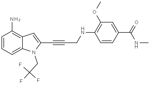 4-((3-(4-amino-1-(2,2,2-trifluoroethyl)-1H-indol-2-yl)prop-2-yn-1-yl)amino)-3-methoxy-N-methylbenzamide|